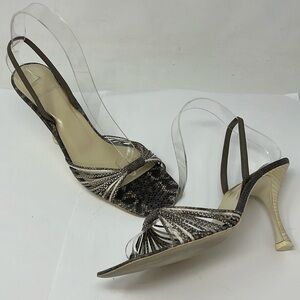 Vera Wang Sz 7.5M Lizard Gray Beige Strappy 3” Heel Sandals